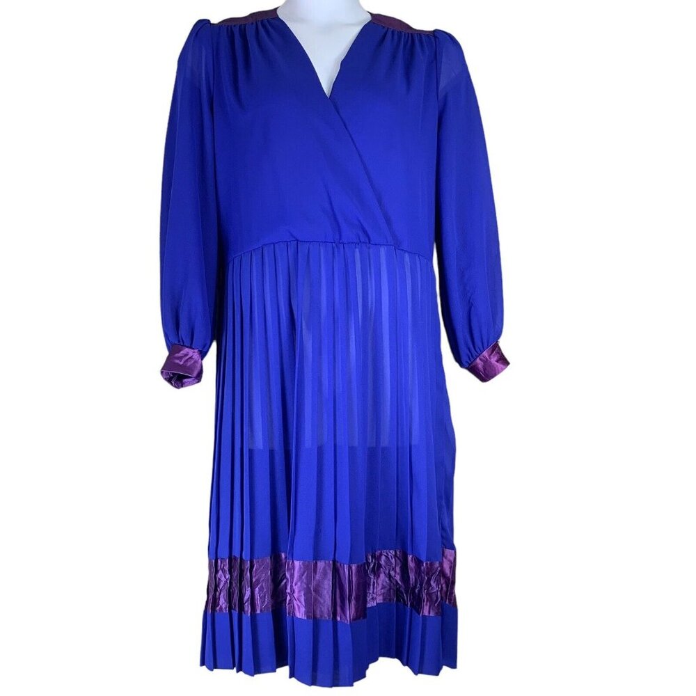 Vintage Dress Sz 14 Blue Purple Pleated Midi Length V Neck Shoulder Pads Amy Deb